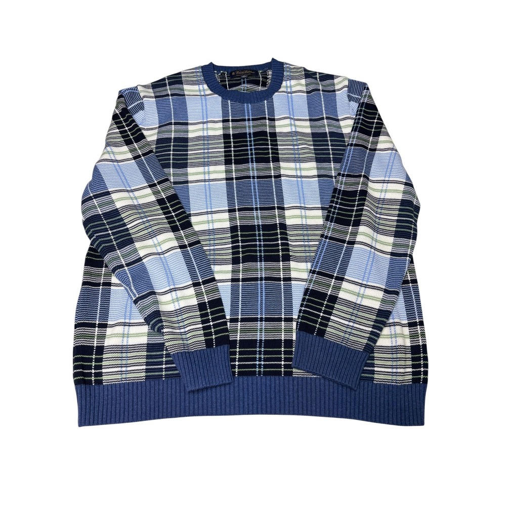 Brooks Brothers Supima Cotton Plaid Crewneck Sweater Mens XL Blue White